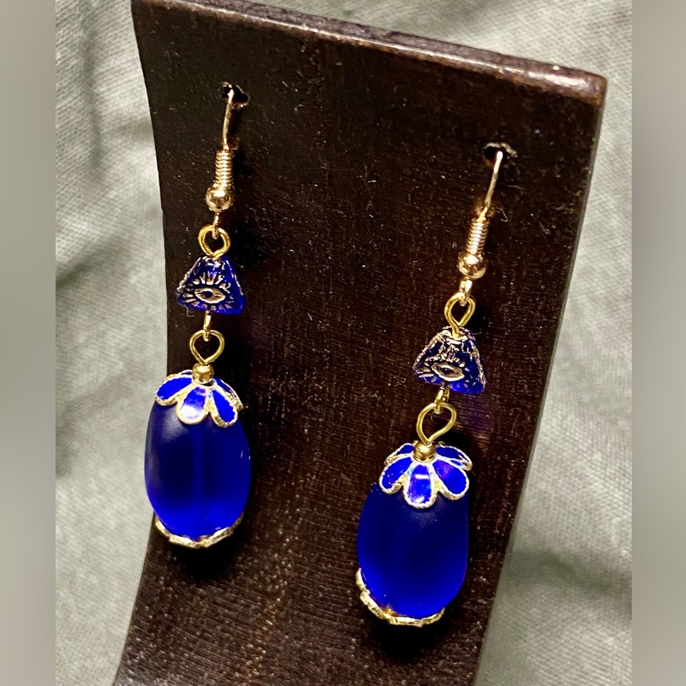 Cobalt Blue Mystic Pyramid Eye Glass Earrings